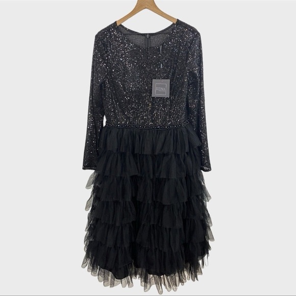 Mac Duggal Black Sequin Tiered Long Sleeve Midi Dress NWT Size 12 - Picture 3 of 10